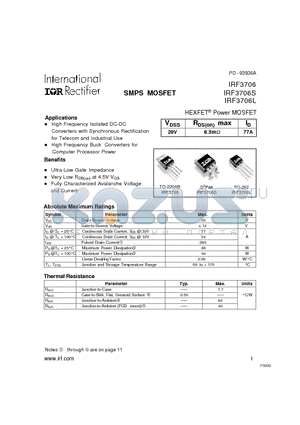 IRF3706L datasheet - Power MOSFET(Vdss=20V, Rds(on)max=8.5mohm, Id=77A)