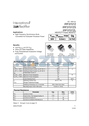 IRF3707ZS datasheet - High Frequency Synchronous Buck Converters for Computer Processor Power