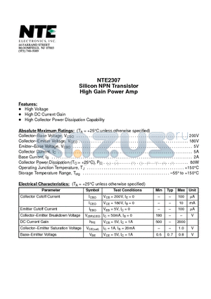 NTE2307 datasheet - Silicon NPN Transistor High Gain Power Amp