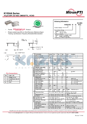 K1524A datasheet - 14 pin DIP, 5.0 Volt, CMOS/TTL, VCXO