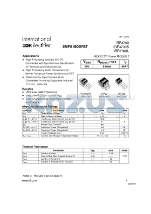 IRF3709S datasheet - Power MOSFET(Vdss=30V, Rds(on)max=9.0mohm, Id=90A)