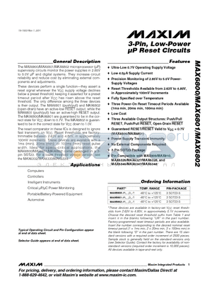 MAX6347 datasheet - 3-Pin, Low-Power lP Reset Circuits