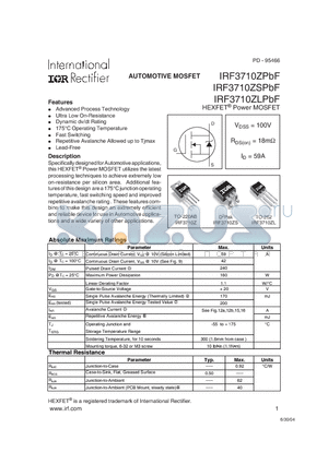 IRF3710ZPBF datasheet - AUTOMOTIVE MOSFET