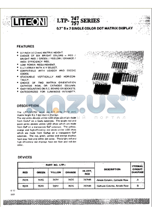 LTP-757E datasheet - 0.7 inch 5x7 SINGLE COLOR DOT MATRIX DISPLAY