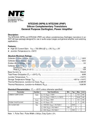 NTE2346 datasheet - Silicon Complementary Transistors General Purpose Darlington, Power Amplifier