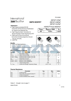 IRF3711LPBF datasheet - HEXFET Power MOSFET