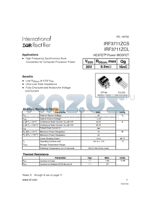 IRF3711ZCL datasheet - HEXFET Power MOSFET
