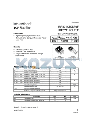 IRF3711ZCSPBF datasheet - HEXFET Power MOSFET