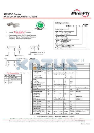 K1525CDT datasheet - 14 pin DIP, 5.0 Volt, CMOS/TTL, VCXO