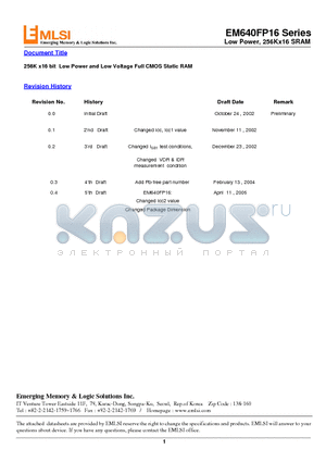 EM6160FP16AW-55LF datasheet - 256K x16 bit Low Power and Low Voltage Full CMOS Static RAM