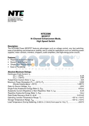 NTE2386 datasheet - MOSFET N-Channel Enhancemen Mode, High Speed Switch