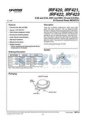 IRF420 datasheet - 2.2A and 2.5A, 450V and 500V, 3.0 and 4.0 Ohm, N-Channel Power MOSFETs