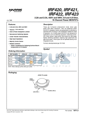 IRF421 datasheet - 2.2A and 2.5A, 450V and 500V, 3.0 and 4.0 Ohm, N-Channel Power MOSFETs
