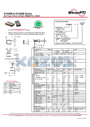 K1526BDMB datasheet - 9x11 mm, 5.0 or 3.3 Volt, CMOS/TTL, VCXO