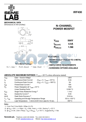 IRF430 datasheet - N-CHANNEL POWER MOSFET
