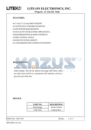 LTP747E datasheet - The LTP-747E is a 0.7 inch (17.22 mm) matrix height 5 x 7 dot matrix display