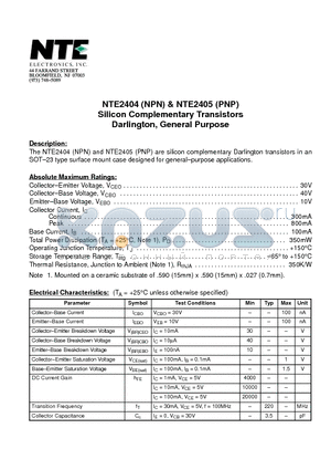 NTE2405 datasheet - Silicon Complementary Transistors Darlington, General Purpose