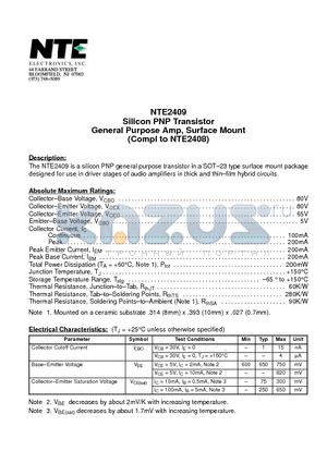NTE2409 datasheet - Silicon PNP Transistor General Purpose Amp, Surface Mount (Compl to NTE2408)