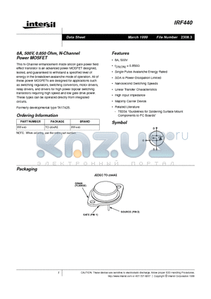 IRF440 datasheet - 8A, 500V, 0.850 Ohm, N-Channel Power MOSFET