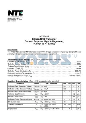 NTE2412 datasheet - Silicon NPN Transistor General Purpose, High Voltage Amp, (Compl to NTE2413)