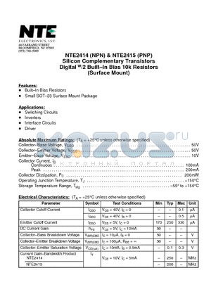 NTE2414 datasheet - Silicon Complementary Transistors Digital w/2 Built-In Bias 10k Resistors (Surface Mount)