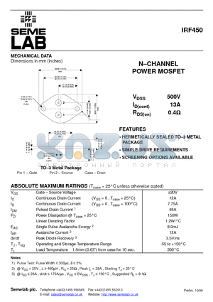 IRF450 datasheet - N-CHANNEL POWER MOSFET