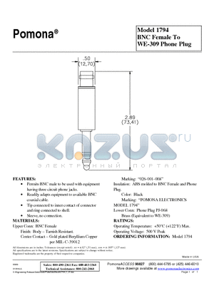 MODEL1794 datasheet - BNC Female To WE-309 Phone Plug