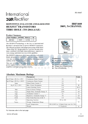 IRF460 datasheet - TRANSISTORS N-CHANNEL(Vdss=500V, Rds(on)=0.27ohm, Id=21)