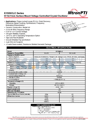 K1526CLCMT datasheet - 5V 9x11mm Surface Mount Voltage Controlled Crystal Oscillator