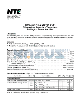 NTE250 datasheet - Silicon Complementary Transistors Darlington Power Amplifier