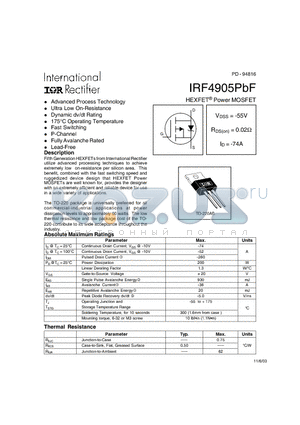IRF4905PBF datasheet - HEXFET Power MOSFET