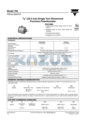 MODEL702 datasheet - 7/8 (22.2 mm) Single Turn Wirewound Precision Potentiometer