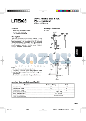 LTR-309 datasheet - NPN PLASTIC SIDE LOOK PHOTOTRANSISTOR