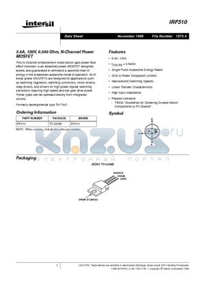 IRF510 datasheet - 5.6A, 100V, 0.540 Ohm, N-Channel Power MOSFET