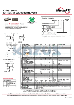 K1526DD-R datasheet - 9x14 mm, 5.0 Volt, CMOS/TTL, VCXO