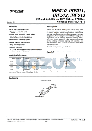 IRF511 datasheet - 4.9A, and 5.6A, 80V and 100V, 0.54 and 0.74 Ohm, N-Channel Power MOSFETs