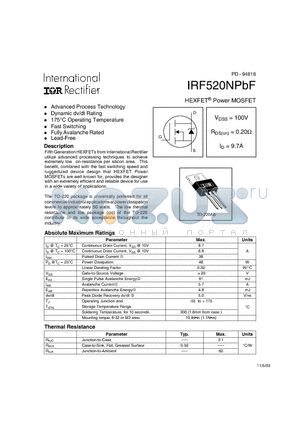 IRF520NPBF datasheet - HEXFET^ Power MOSFET