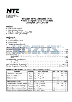 NTE2552 datasheet - Silicon Complementary Transistors Darlington Driver, Switch