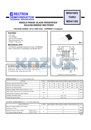 MDA102G datasheet - SINGLE-PHASE GLASS PASSIVATED SILICON BRIDGE RECTIFIER (VOLTAGE RANGE 50 to 1000 Volts CURRENT 1.0 Ampere)