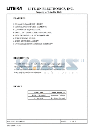 LTS-4301E datasheet - 0.4 inch (10.0mm) digit height single digit, seven-segment display