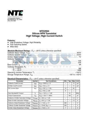 NTE2594 datasheet - Silicon NPN Transistor High Voltage, High Current Switch