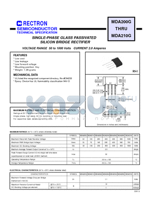 MDA210G datasheet - SINGLE-PHASE GLASS PASSIVATED SILICON BRIDGE RECTIFIER (VOLTAGE RANGE 50 to 1000 Volts CURRENT 2.0 Amperes)