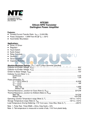 NTE265 datasheet - Silicon NPN Transistor Darlington Power Amplifier