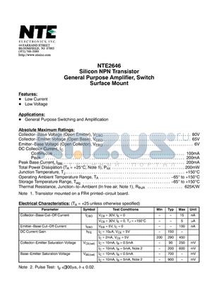 NTE2646 datasheet - Silicon NPN Transistor General Purpose Amplifier, Switch Surface Mount