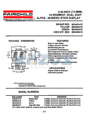 MDA6341C datasheet - 0.54 INCH (13.8MM) 14 SEGEMENT, DUAL DIGIT ALPHA - NUMERIC STICK DISPLAY