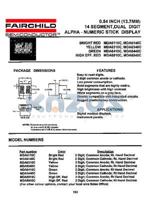 MDA6940C datasheet - 0.54 INCH (13.7MM) 14 SEGMENT, DUAL DIGIT ALPHA-NUMERIC STICK DISPLAY