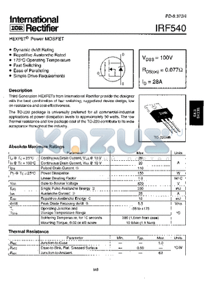 IRF540 datasheet - HEXFET POWER MOSFET