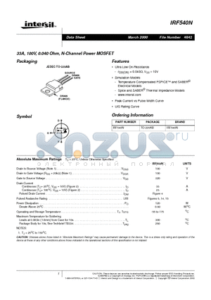 IRF540N datasheet - 33A, 100V, 0.040 Ohm, N-Channel Power MOSFET