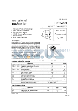 IRF540N datasheet - Power MOSFET(Vdss=100V, Rds(on)=44mohm, Id=33A)