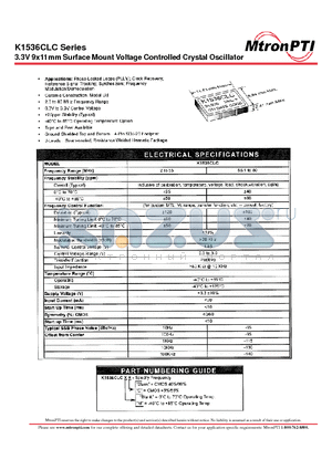 K1536CLC datasheet - 3.3V 9x11mm Surface Mount Voltage Controlled Crystal Oscillator